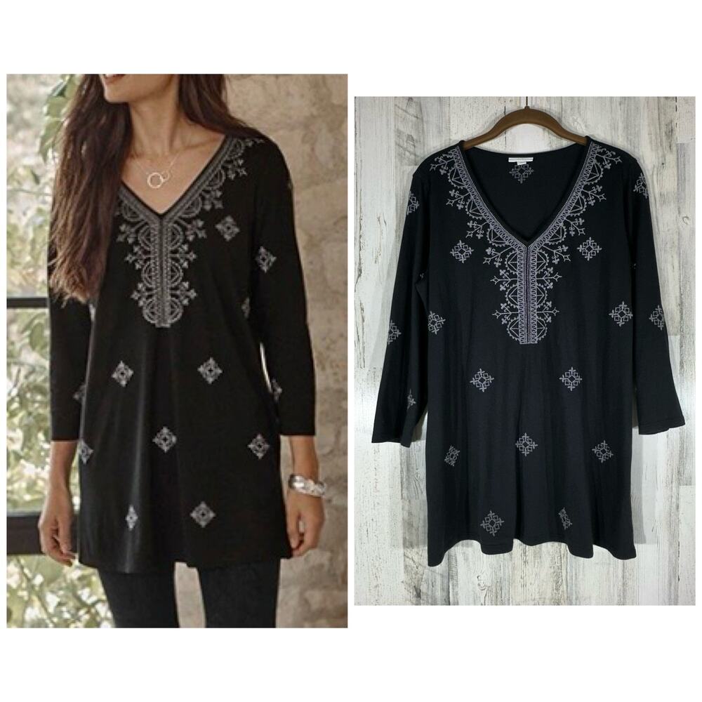 J Jill Tunic Small Black‎ Gray Embroidered Cotton Modal Blend Vneck 3/4 Sleeves